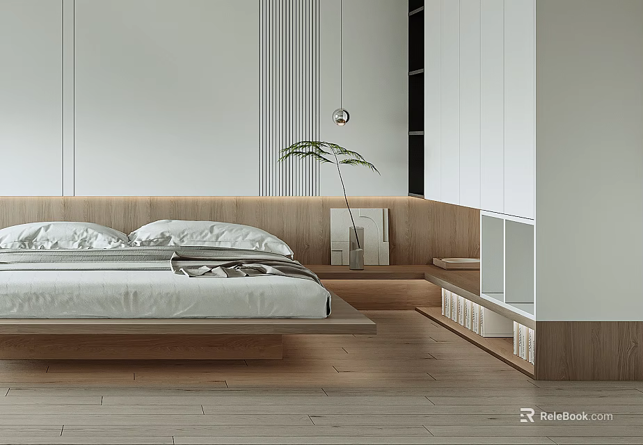 Minimalist Bedroom Interior Design With Wooden Platform Bed Hanging Plant And Light Flooring 3d model 