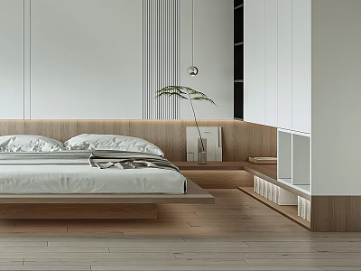 Minimalist Bedroom Interior Design With Wooden Platform Bed Hanging Plant And Light Flooring 3d model