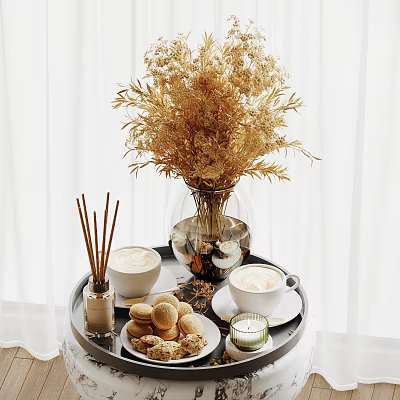 Decorative Ornament Set Featuring Dried Flowers Vase Coffee Cups Cookies Aromatic Sticks Candle On Tray 3d model