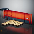 Modern Architectural Installation Featuring Red Wall Panels Black Top Structure And Square Front Platforms