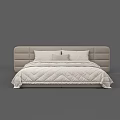 Double Bed Interior With Tufted Headboard Light Colored Striped Quilt And Pillows 3d model