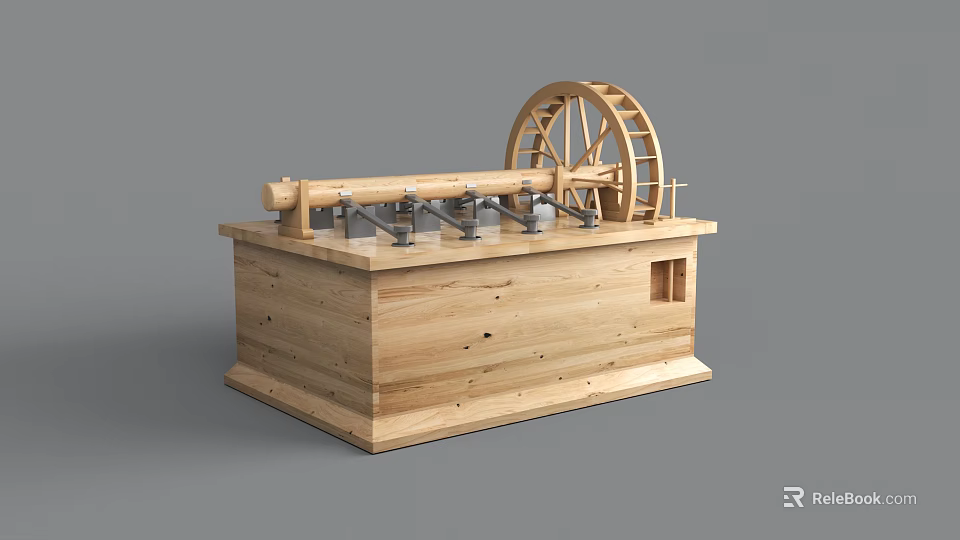 Detailed Wooden Mechanical Model With Large Wheel And Solid Wooden Base 3d model 