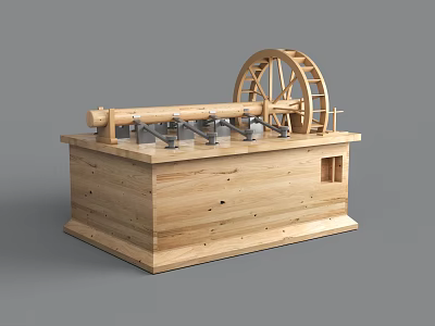 Detailed Wooden Mechanical Model With Large Wheel And Solid Wooden Base 3d model