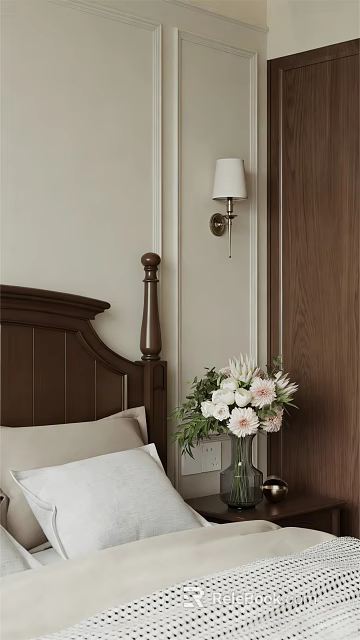 Cozy Bedroom Interior With Dark Wooden Headboard Wall Lamp And Flower Vase 3d model 