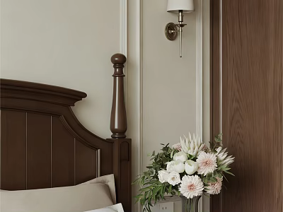 Cozy Bedroom Interior With Dark Wooden Headboard Wall Lamp And Flower Vase 3d model