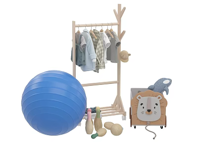 Children's Casual Clothes on Wooden Clothes Rack with Blue Exercise Ball and Lion Toy Box 3d model
