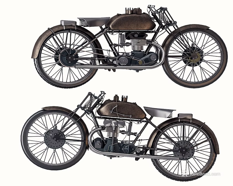 Vintage Motorcycle Classic Design With Spoked Wheels Leather Seat And Retro Metal Body 3d model 