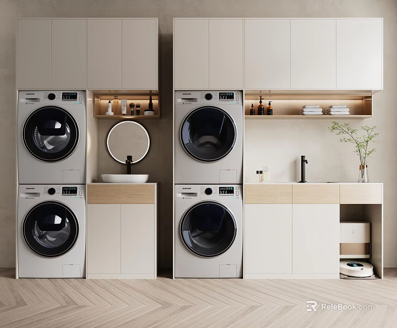 Bathroom Cabinetry With Stacked Washing Machines Dryers Countertop Mirror And Shelves 3d model 