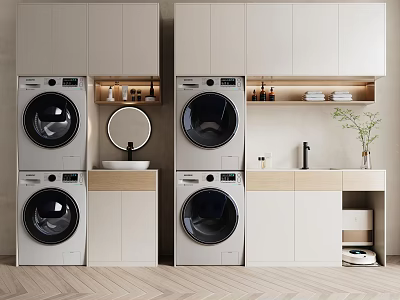 Bathroom Cabinetry With Stacked Washing Machines Dryers Countertop Mirror And Shelves 3d model