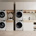 Bathroom Cabinetry With Stacked Washing Machines Dryers Countertop Mirror And Shelves