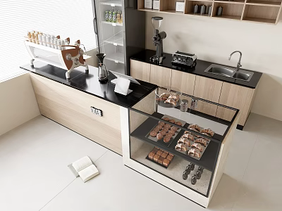 Modern Bar Counter Featuring Black Countertop Glass Display Cabinet Pastries Coffee Machine and Wooden Cabinets 3d model