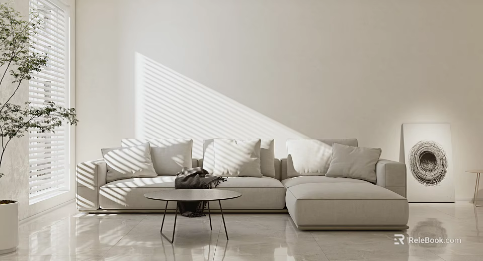 Modern Sectional Sofa In Living Room With Plush Pillows Coffee Table And Sunlight 3d model 