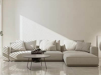Modern Sectional Sofa In Living Room With Plush Pillows Coffee Table And Sunlight 3d model