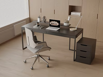 Modern Home Office Desk With Laptop Lamp Rolling Chair And Drawer Cabinet 3d model