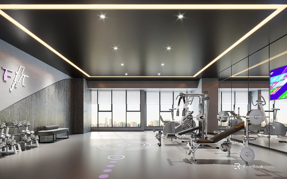 Modern Gym With Spacious Interior Mirrored Walls Large Windows And Well Equipped Fitness Machines 3d model 