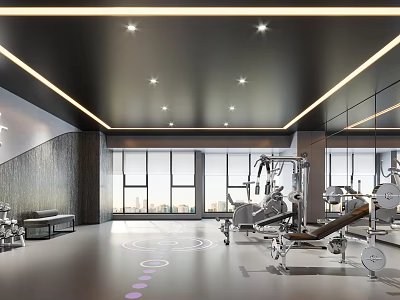 Modern Gym With Spacious Interior Mirrored Walls Large Windows And Well Equipped Fitness Machines 3d model