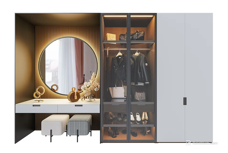 Modern Dressing Table With Round Mirror Decorative Items Wardrobe Shoes And Stools 3d model