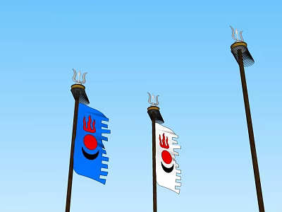 Blue And White National Flags On Three Flagpoles With Red Circle Emblems And Torch Tops 3d model