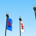 Blue And White National Flags On Three Flagpoles With Red Circle Emblems And Torch Tops