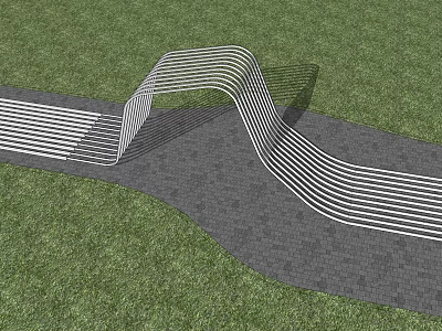 Modern White Pergola With Wavy Structural Design In Grass And Paved Ground 3d model