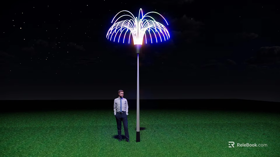 Firework Shaped Tall Outdoor Light With Blue Purple Glow Person Standing On Green Grass At Night 3d model 