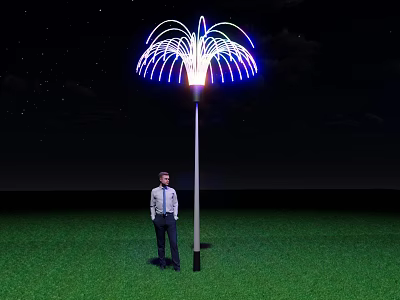 Firework Shaped Tall Outdoor Light With Blue Purple Glow Person Standing On Green Grass At Night 3d model