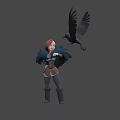Game Movie Character Red Haired Female With Cloak Standing With Flying Eagle Against Blue Background
