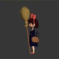 Anime Movie Character Wearing Red Bow Blue Dress Holding Broom With Small Bag