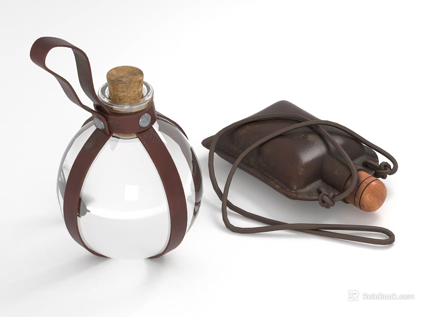 Transparent Glass Daily Electrical Appliance With Brown Leather Straps Cork Stopper And Leather Pouch 3d model 