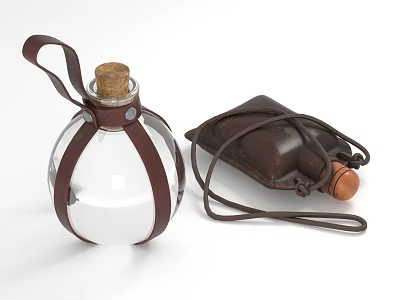 Transparent Glass Daily Electrical Appliance With Brown Leather Straps Cork Stopper And Leather Pouch 3d model