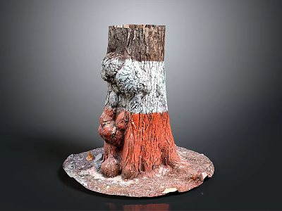 Decorative Tree Stump With White Red Sections And Small Mushrooms On Dirt Base 3d model