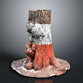 Decorative Tree Stump With White Red Sections And Small Mushrooms On Dirt Base