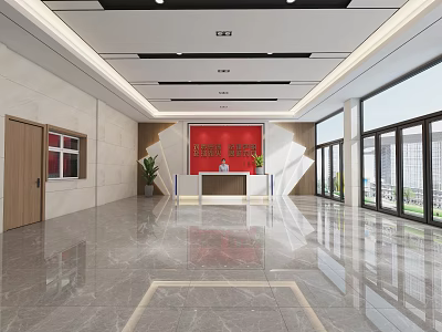 Modern Front Desk Reception Area With Spacious Marble Floor Red Backdrop Wall And Green Plants 3d model
