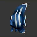 3D Model Of Cartoon Blue Aquatic Fish With White Stripes And Big Eyes