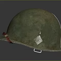 Worn Green Military Helmet With Red Strap And White Emblem Design Details
