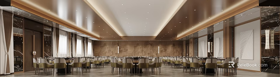 Elegant Banquet Hall Interior Design With Dining Tables Chairs And Decorative Wall Murals 3d model 