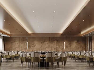 Elegant Banquet Hall Interior Design With Dining Tables Chairs And Decorative Wall Murals 3d model