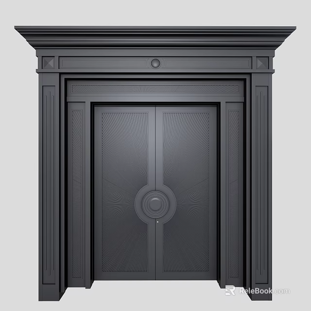Black Double Entrance Door With Ornate Patterned Panels And Classic Frame Design 3d model 