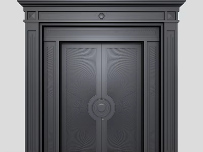 Black Double Entrance Door With Ornate Patterned Panels And Classic Frame Design 3d model