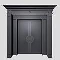 Black Double Entrance Door With Ornate Patterned Panels And Classic Frame Design