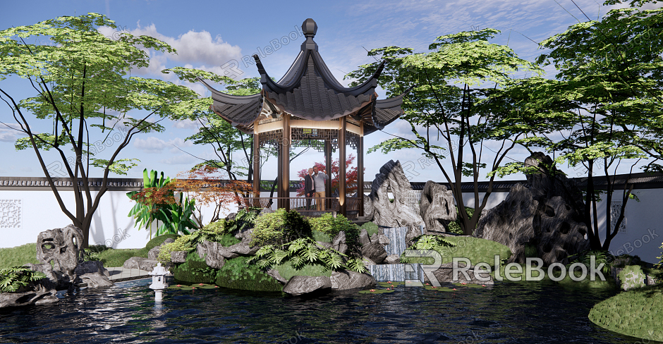 New Chinese style courtyard garden garden villa garden rockery drop water classical garden pool hexagonal gallery pavilion Taihu stone model