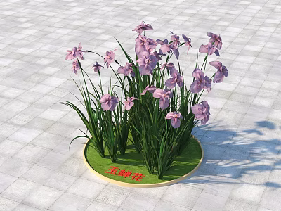 Purple Flowers With Green Leaves In Round Pot With Golden Rim On Gray Tile Background 3d model