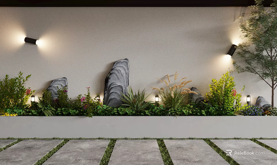 Garden Ornaments with Stone Decorations Green Plants Flowers Gray Wall Wall Lamps and Stone Path 3d model 