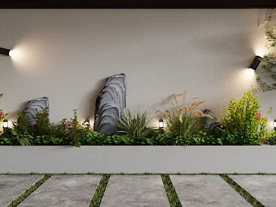 Garden Ornaments with Stone Decorations Green Plants Flowers Gray Wall Wall Lamps and Stone Path 3d model