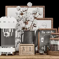 Organized Kitchenware Display On Wooden Metal Shelf With Kettle Jars And Cutting Board