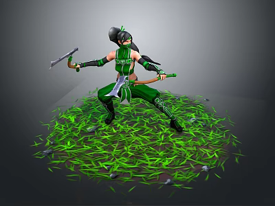 Green Clad Warrior Crouching With Axe And Bow Among Small Creatures On Grass Field 3d model