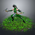 Green Clad Warrior Crouching With Axe And Bow Among Small Creatures On Grass Field