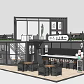 Container Building Cafe Featuring Retro Design Glass Windows And Outdoor Seating 3d model