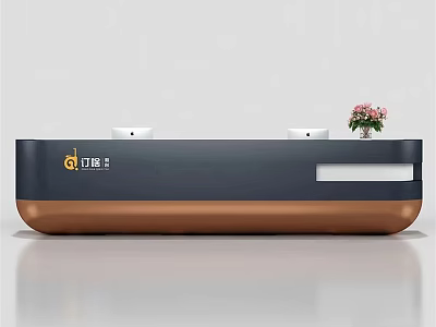Modern Reception Desk With Dark Blue And Copper Finish White Ornaments And Pink Flowers 3d model
