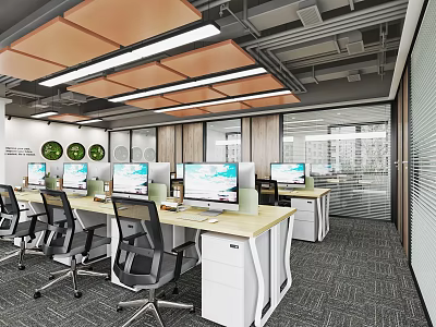 Modern Public Office Space With Computer Monitors Office Chairs Green Signs And Window Lighting 3d model
